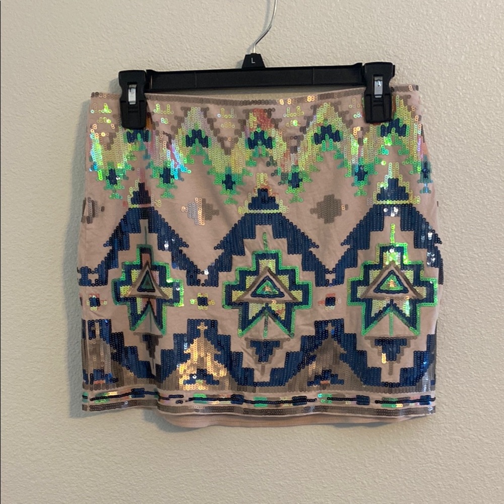 Express Tan, Blue, and Green Sequin Mini Skirt